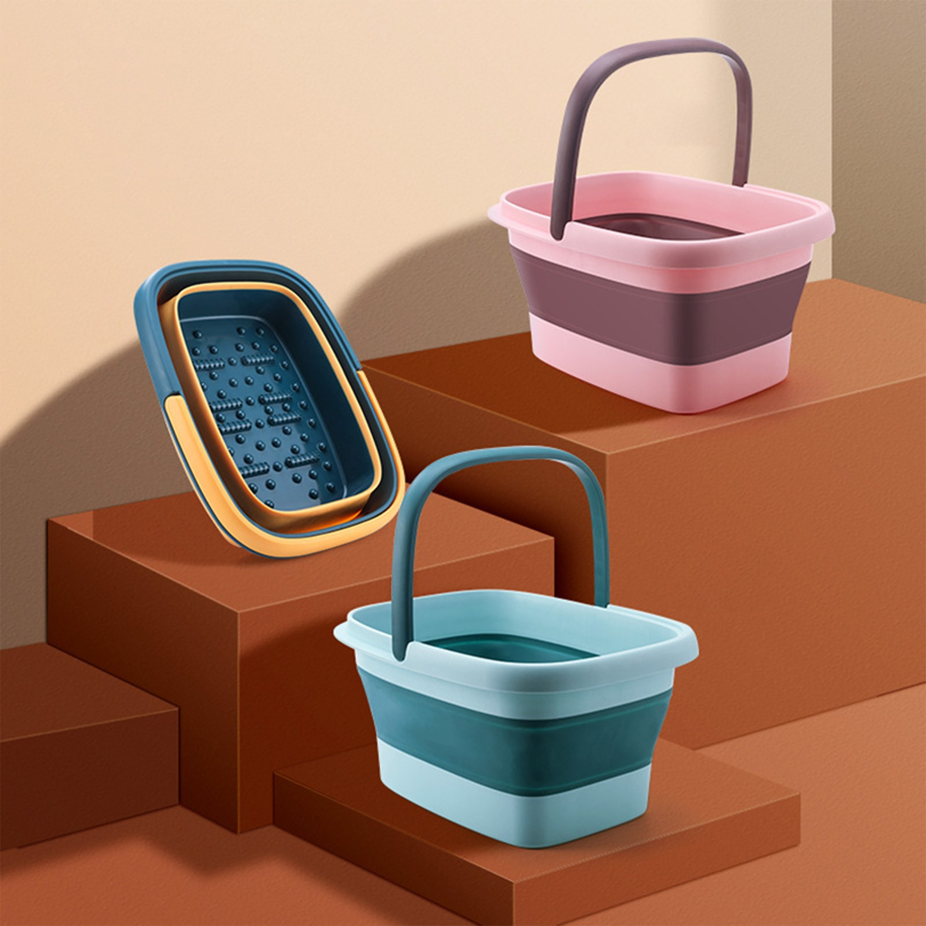 TPE Square Foldable Foot Bath Basin with Massage Base