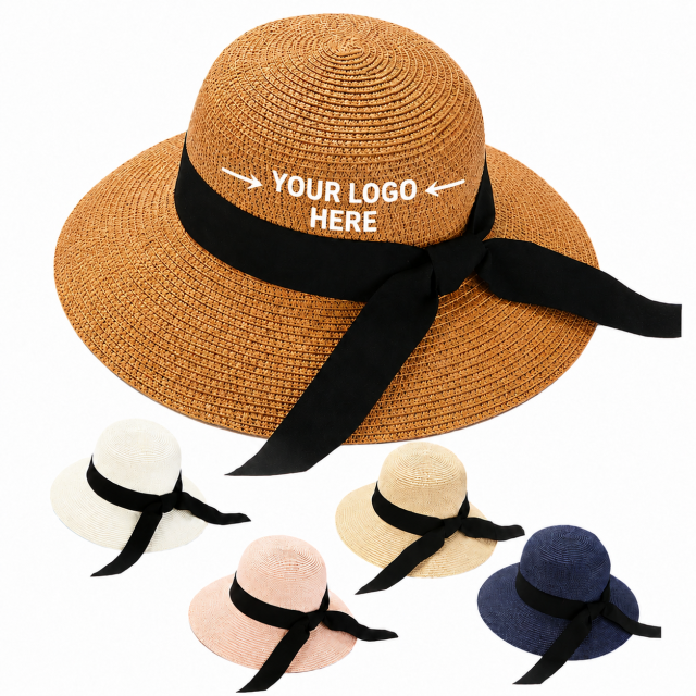 Women Straw Bow Ribbon Sun Hat - Wide Brim Beach Hat