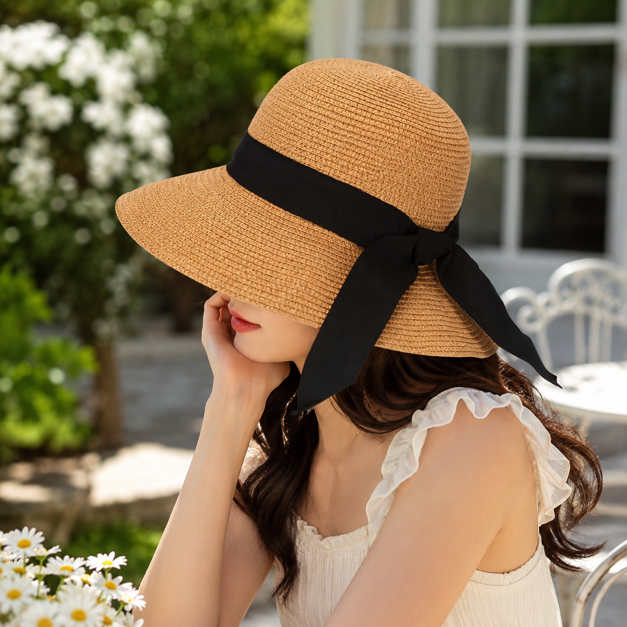 Women Straw Bow Ribbon Sun Hat - Wide Brim Beach Hat