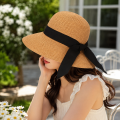 Women Straw Bow Ribbon Sun Hat - Wide Brim Beach Hat