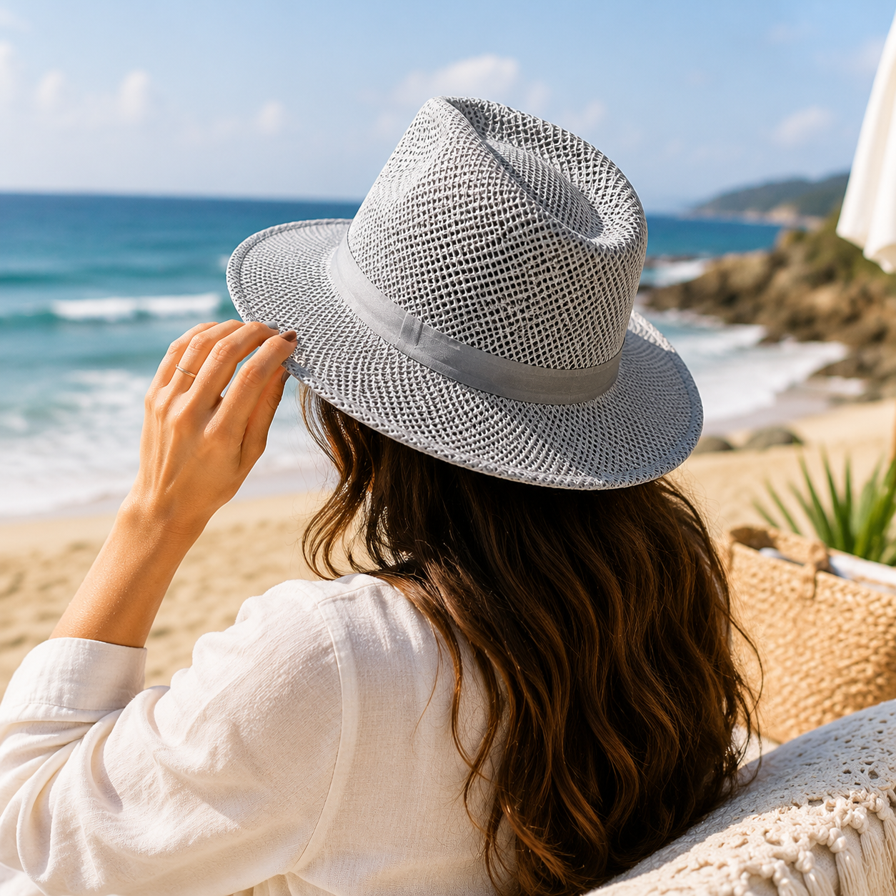 Women Straw Sun Hat with Bow Ribbon - Wide Brim Beach Hat