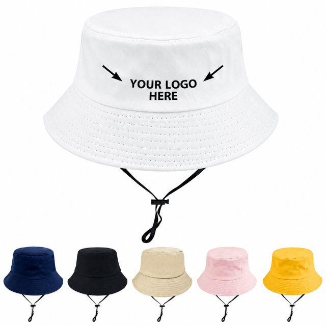 Cotton Wide Brim Bucket Hat with Windproof Cord
