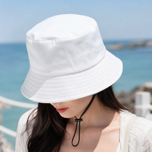 Cotton Wide Brim Bucket Hat with Windproof Cord