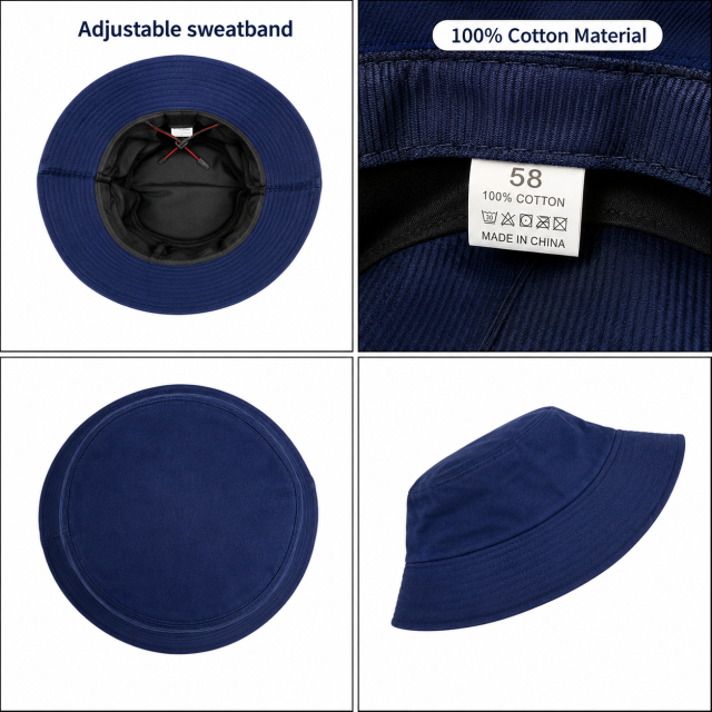 Cotton Wide Brim Bucket Hat with Windproof Cord