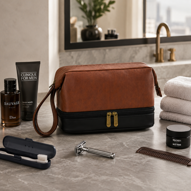 Leather Double Layer Men's Toiletry Bag