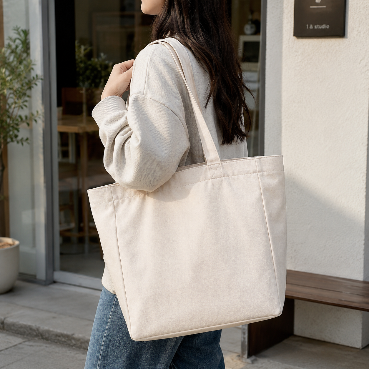Letter Printed Cotton Canvas Tote Bag