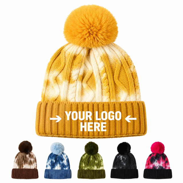 Tie-Dye Knit Beanie with Faux Fur Pom Pom Hat