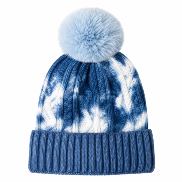 Tie-Dye Knit Beanie with Faux Fur Pom Pom Hat