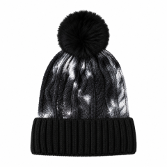 Tie-Dye Knit Beanie with Faux Fur Pom Pom Hat