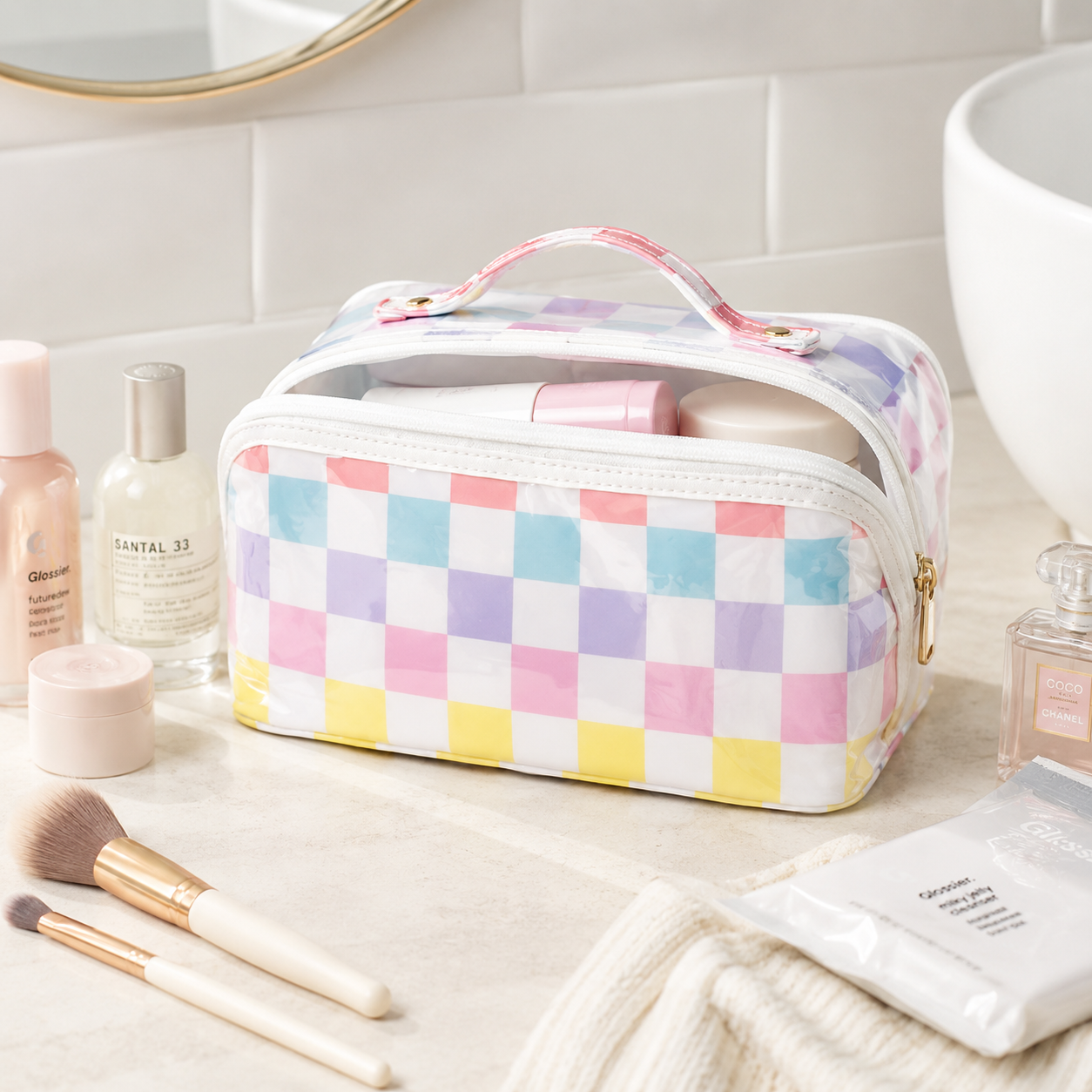 Transparent PVC Checked Pattern Makeup Bag