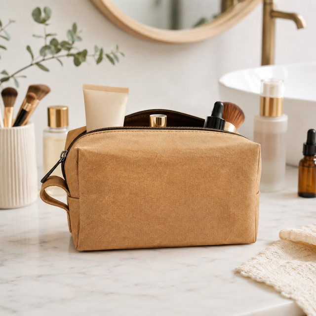 Washed Kraft Paper Cosmetic Storage Bag with Lightweight Portable Design