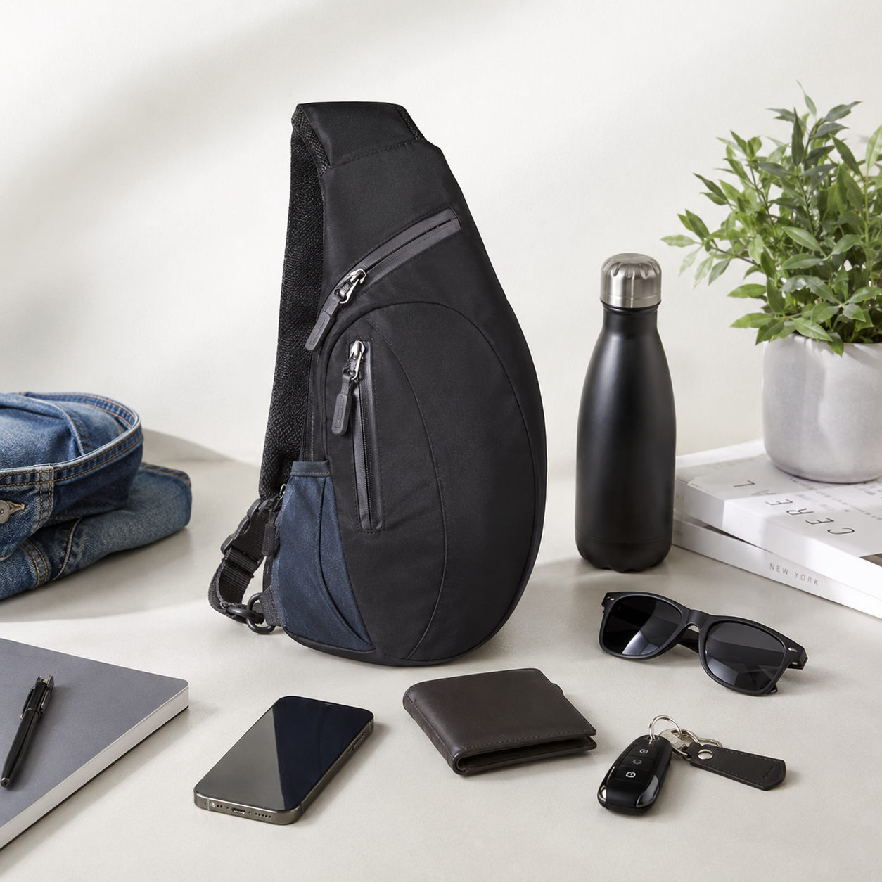 Water Resistant Polyester Sling Backpack With Foldable Outdoor Design