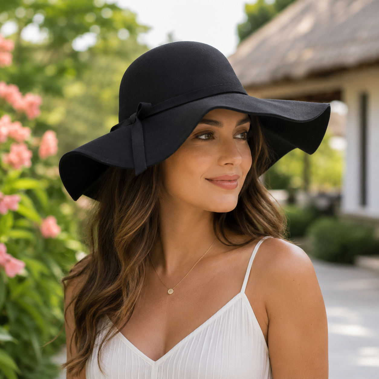Women’s Wide Brim Wool Floppy Hat with Ribbon Band