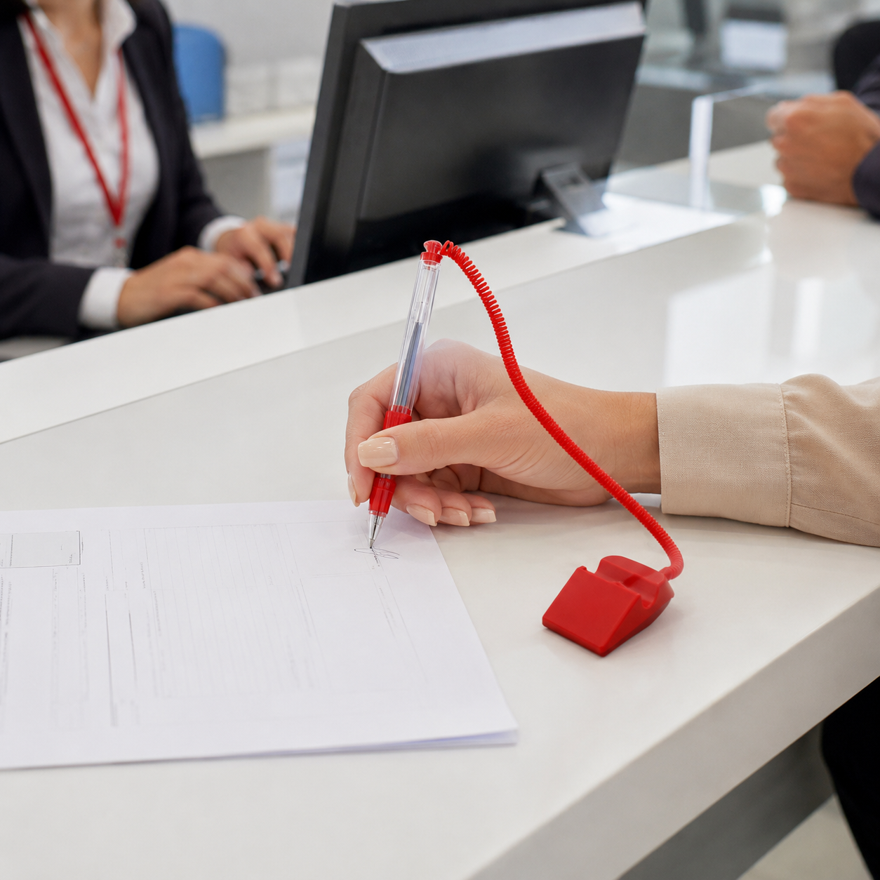 Desktop Fixed Signature Pen With Coiled Lanyard