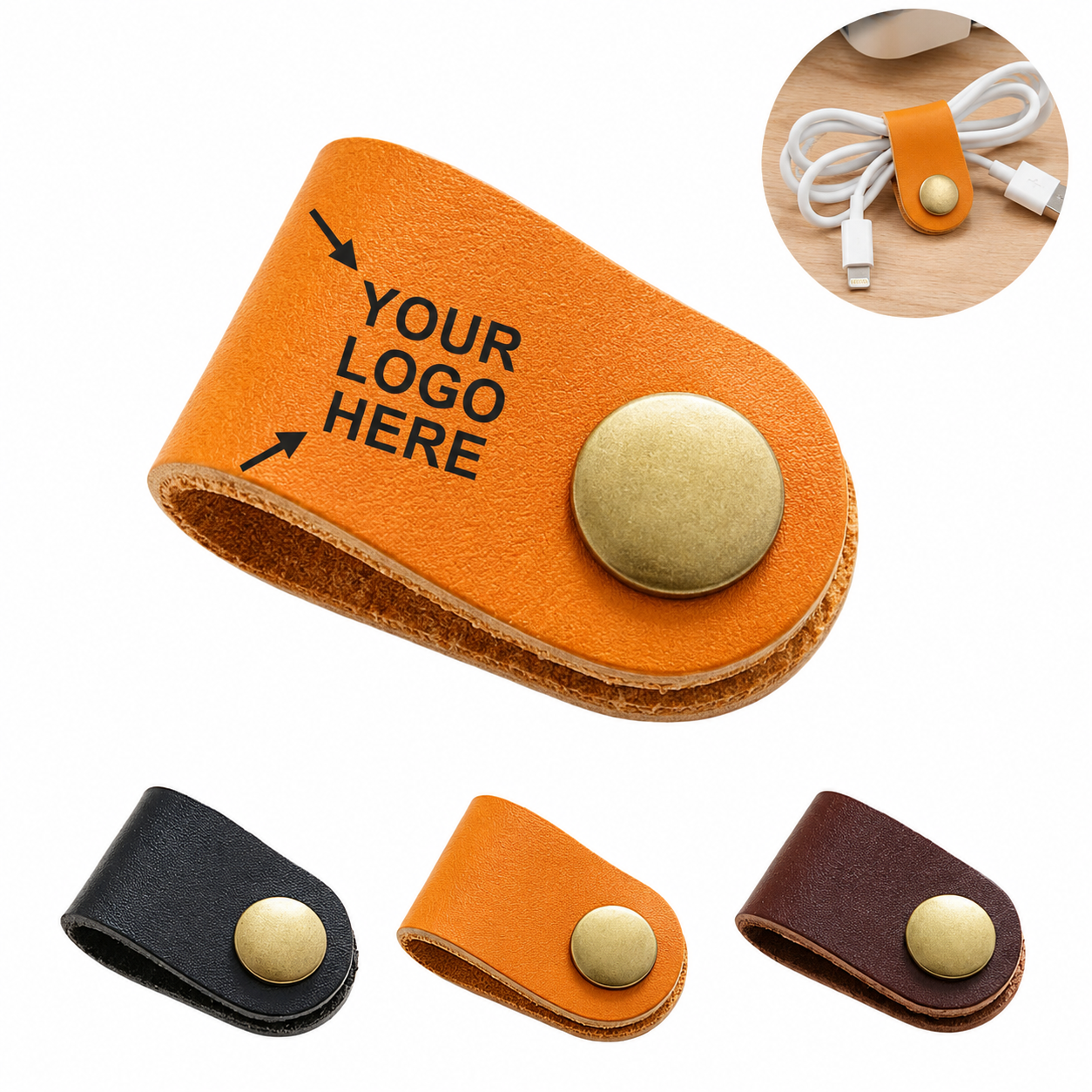 Leather Cable Organizer Strap With Metal Snap