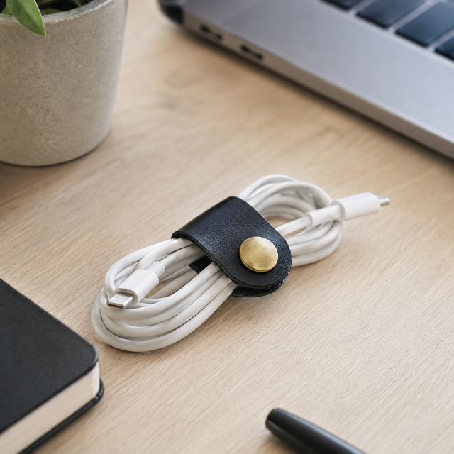 Leather Cable Organizer Strap With Metal Snap