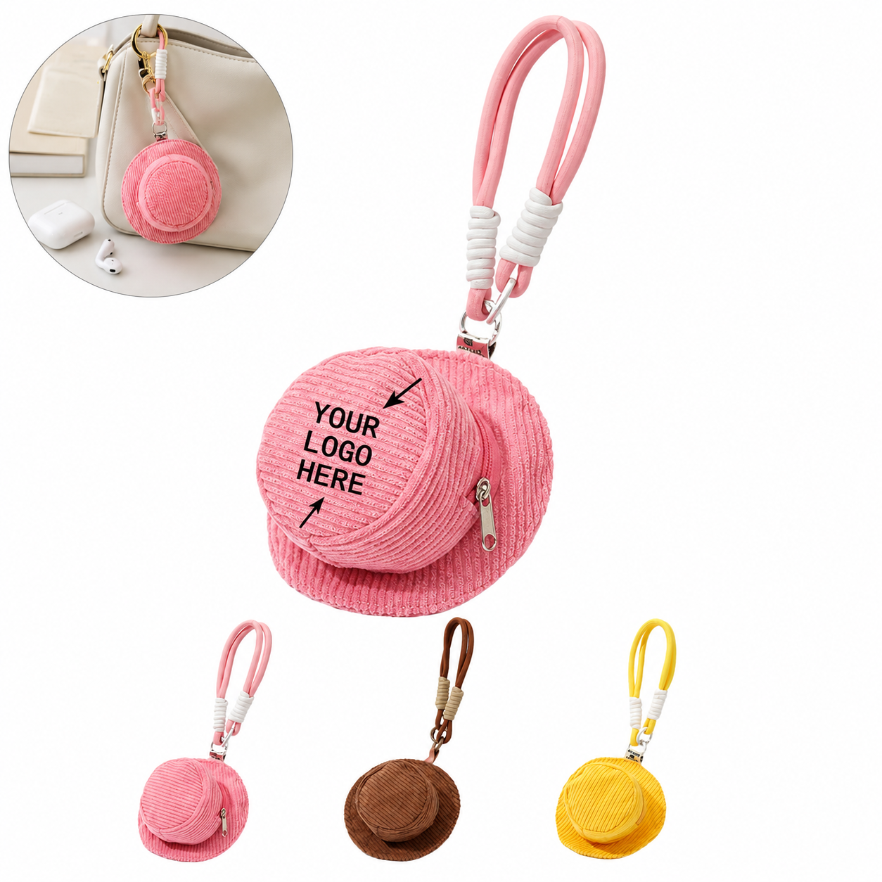 Mini Corduroy Hat-Shaped Earphone Keychain Case