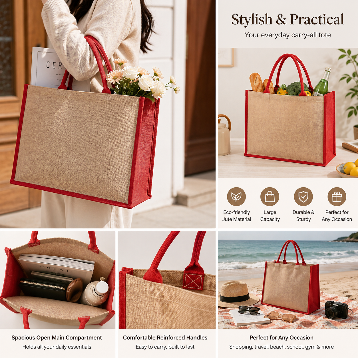 Natural Jute Reinforced Handle Tote Bag