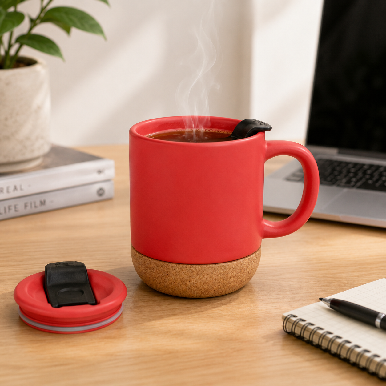 12 Oz Matte Ceramic Mug With Cork Base And Lid