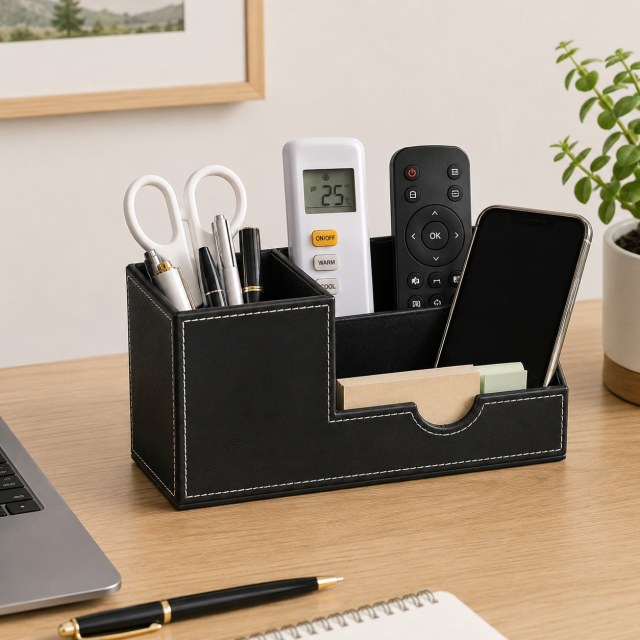 PU Leather 3-Compartment Desk Organizer
