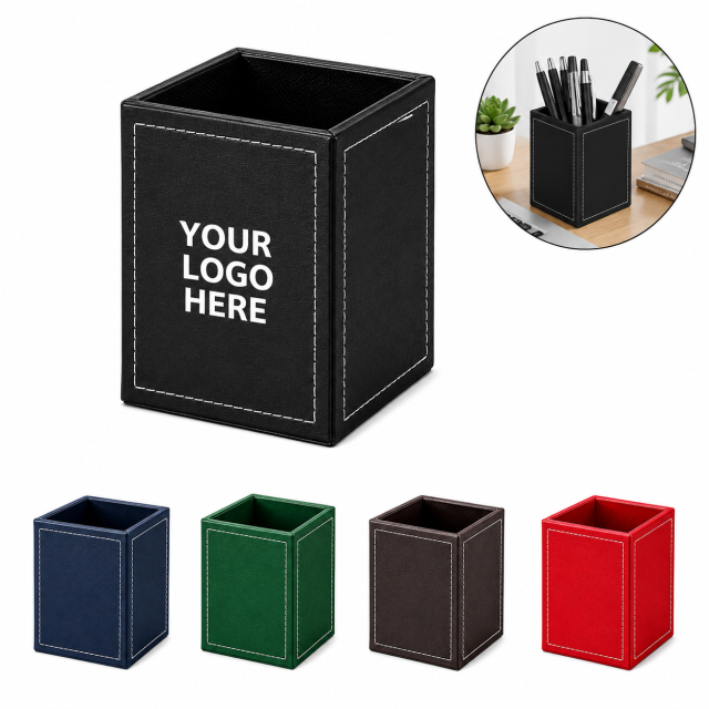 Square PU Leather Pen And Pencil Desk Holder