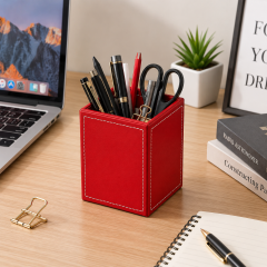 Square PU Leather Pen And Pencil Desk Holder