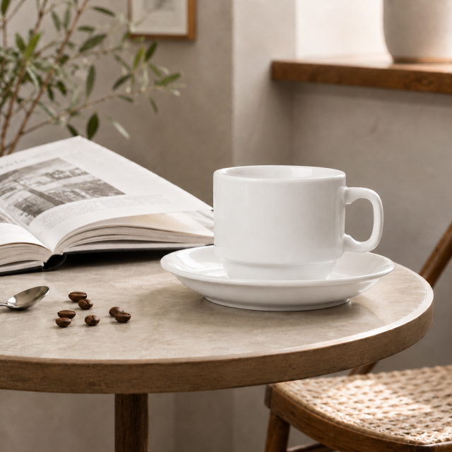 3.3 Oz White Ceramic Espresso Cup With Saucer