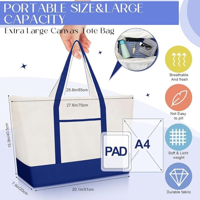 Color Block Canvas Tote Bag With Handles