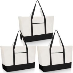 Color Block Canvas Tote Bag With Handles