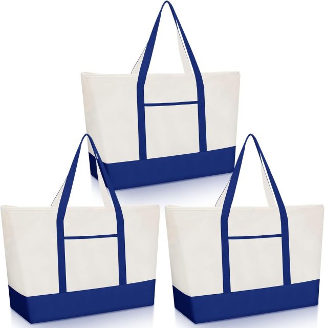 Color Block Canvas Tote Bag With Handles