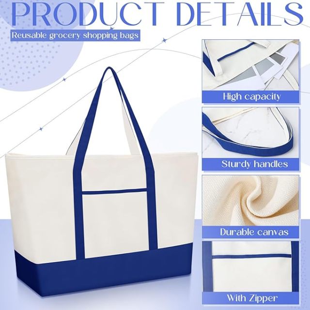 Color Block Canvas Tote Bag With Handles