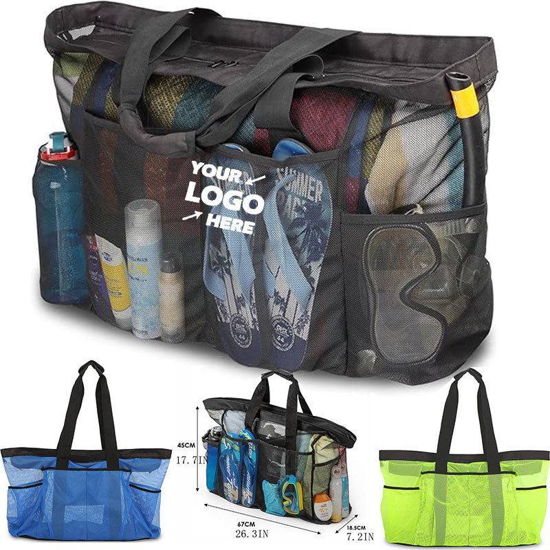 Extra Large Beach Mesh Tote Bag with Zipper and Pockets