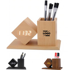 LED Alarm Clock Wooden Pen Holder