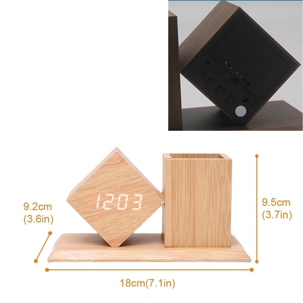 LED Alarm Clock Wooden Pen Holder