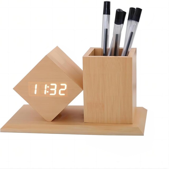 LED Alarm Clock Wooden Pen Holder