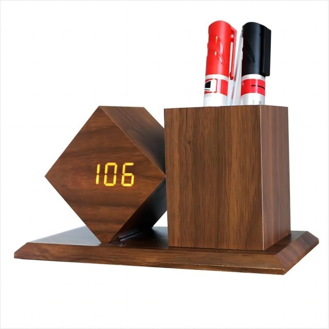 LED Alarm Clock Wooden Pen Holder