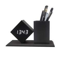 LED Alarm Clock Wooden Pen Holder
