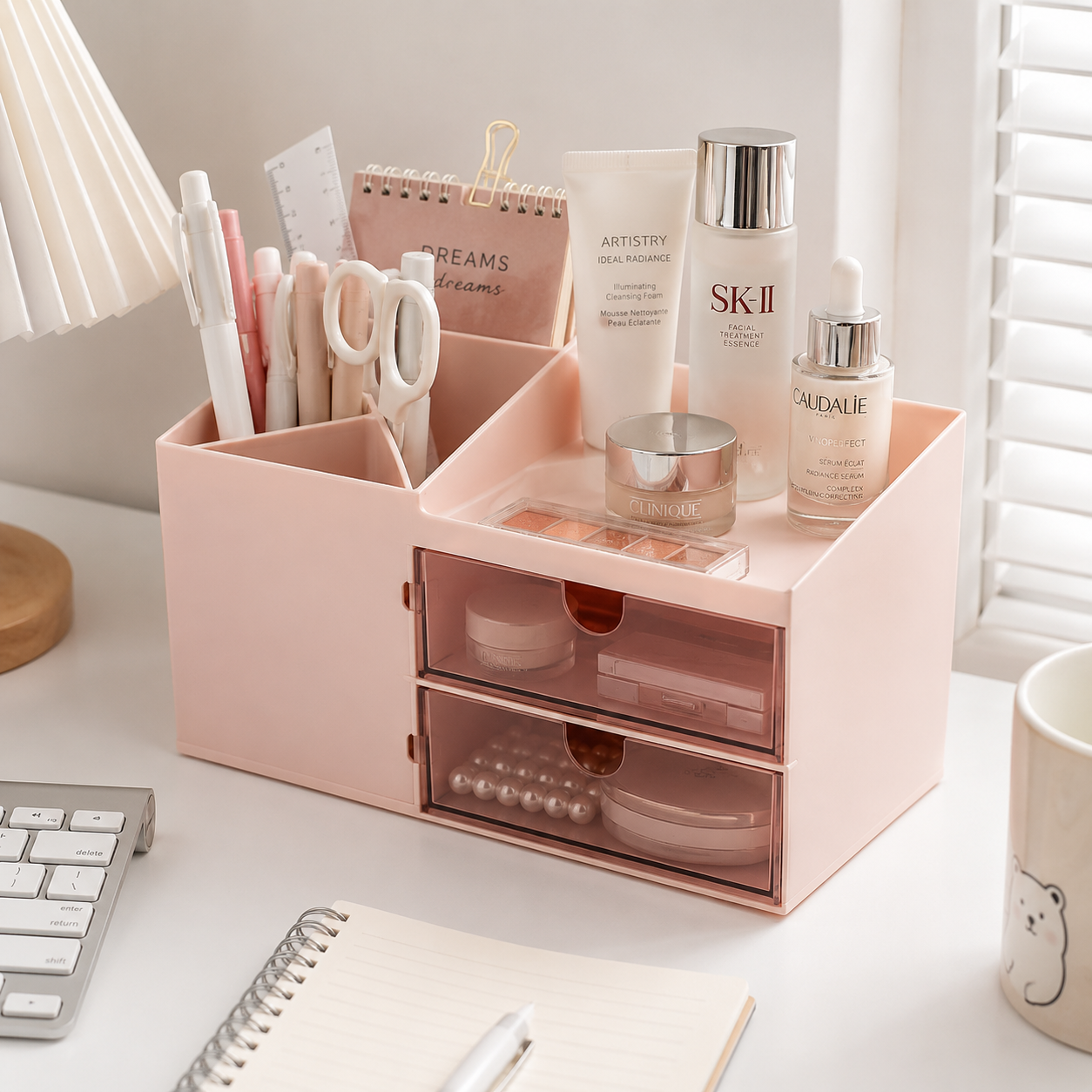 Multifunction Desk Organizer With Drawers And Cosmetic Tray