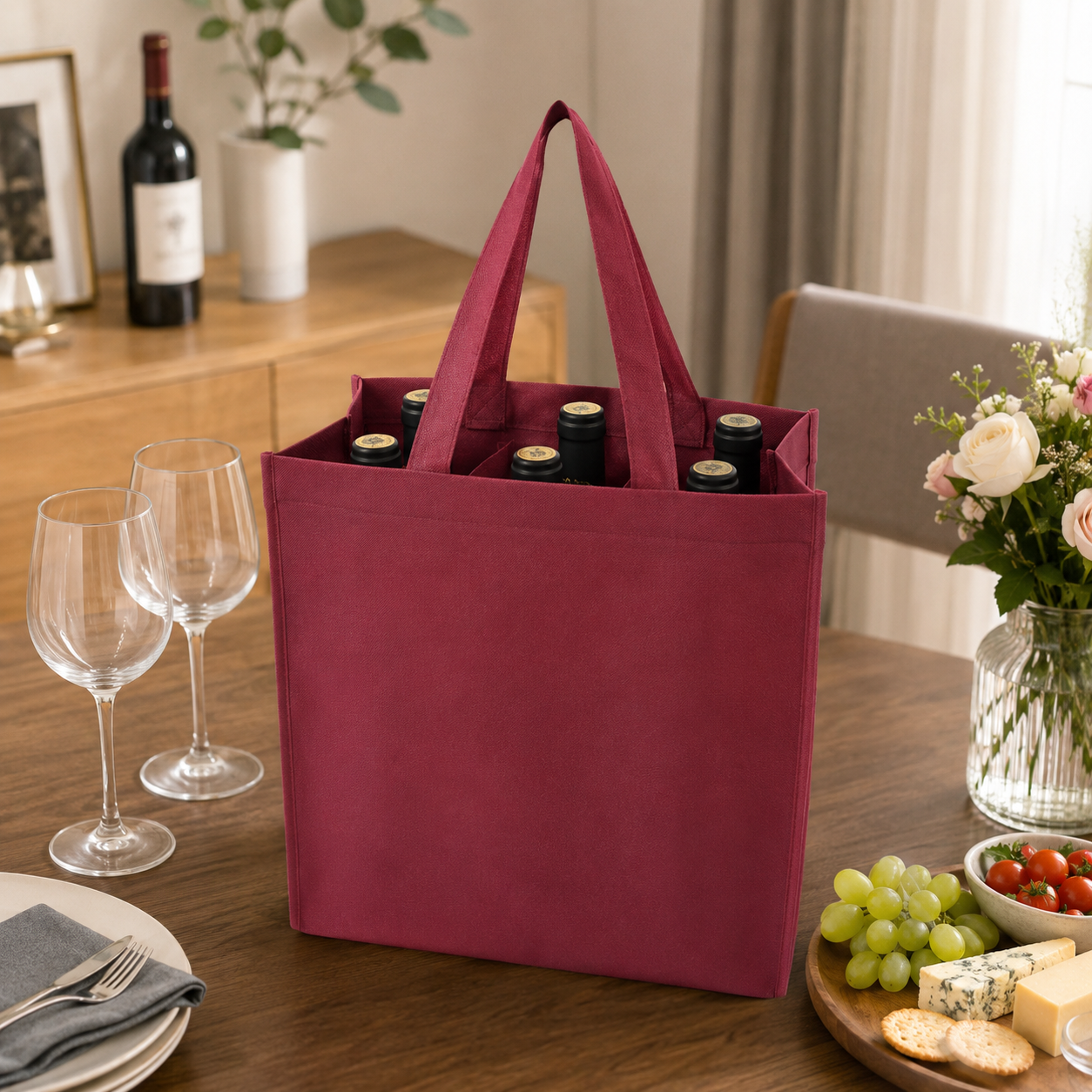 Six-Bottle Reusable Non-Woven Bottle Carrier Bag
