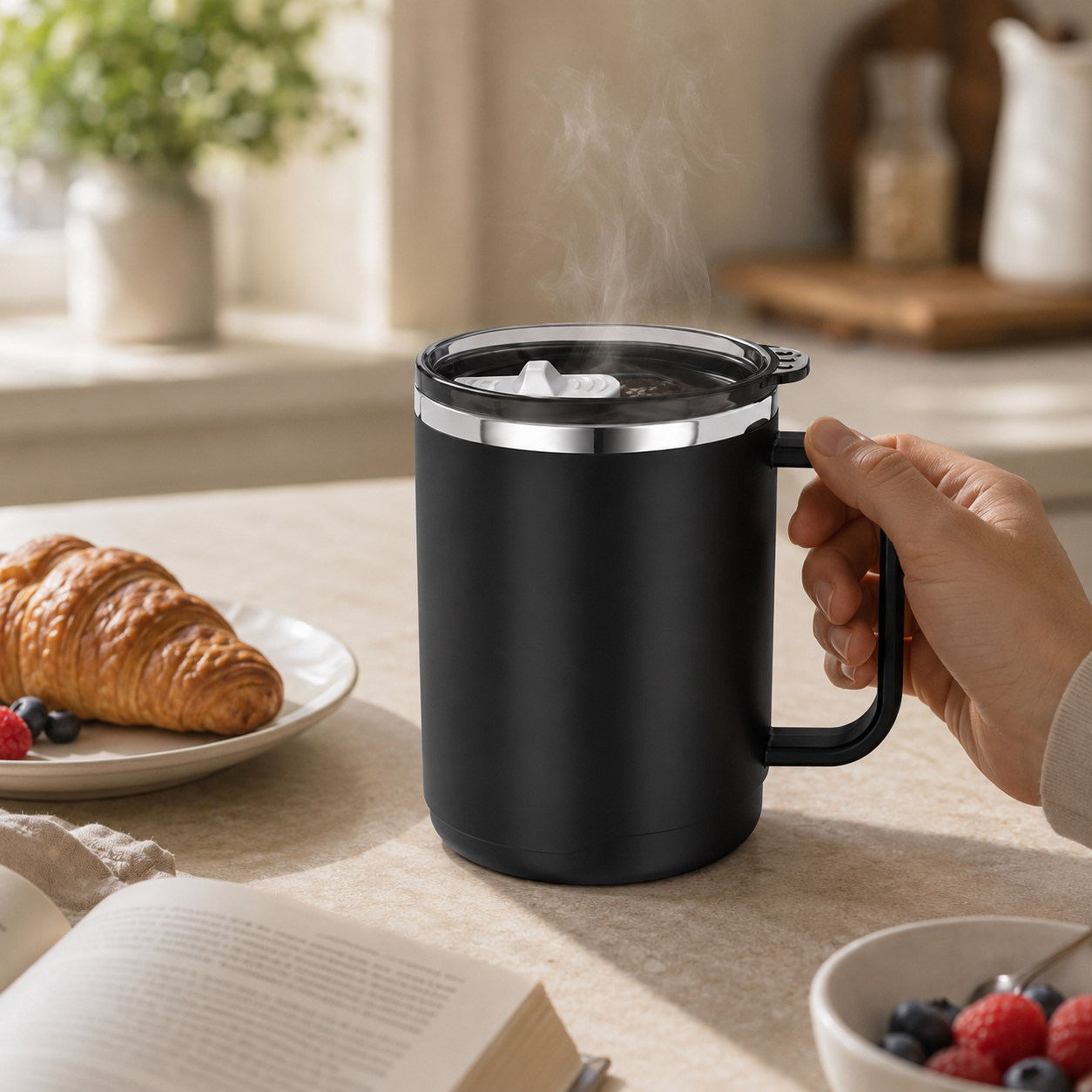 15 Oz Stainless Steel Matte Double Wall Coffee Mug With Lid