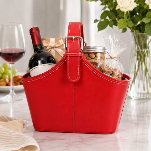 Structured Leather Gift Basket With Adjustable Strap