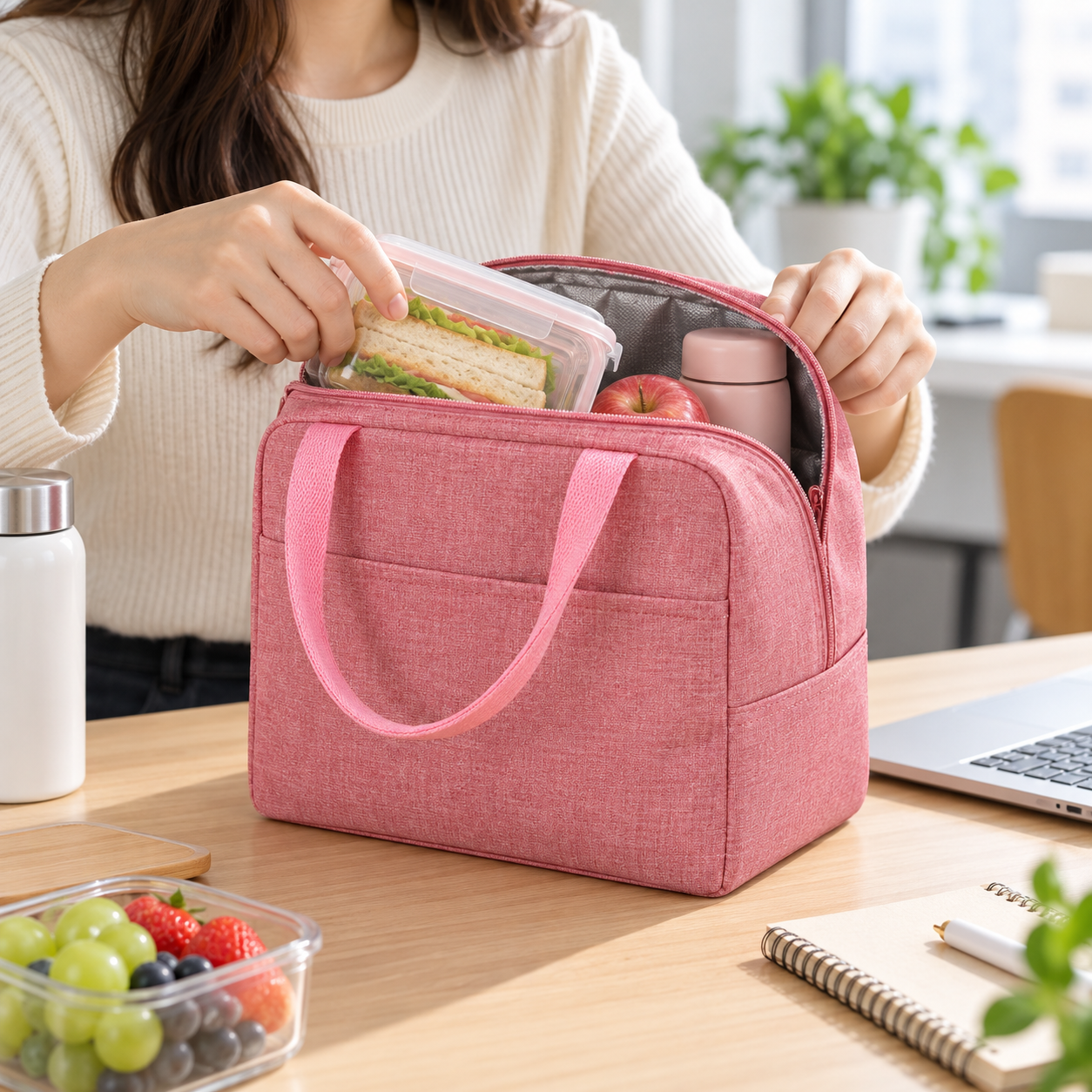 Compact Insulated Oxford Lunch Bag With Front Pocket