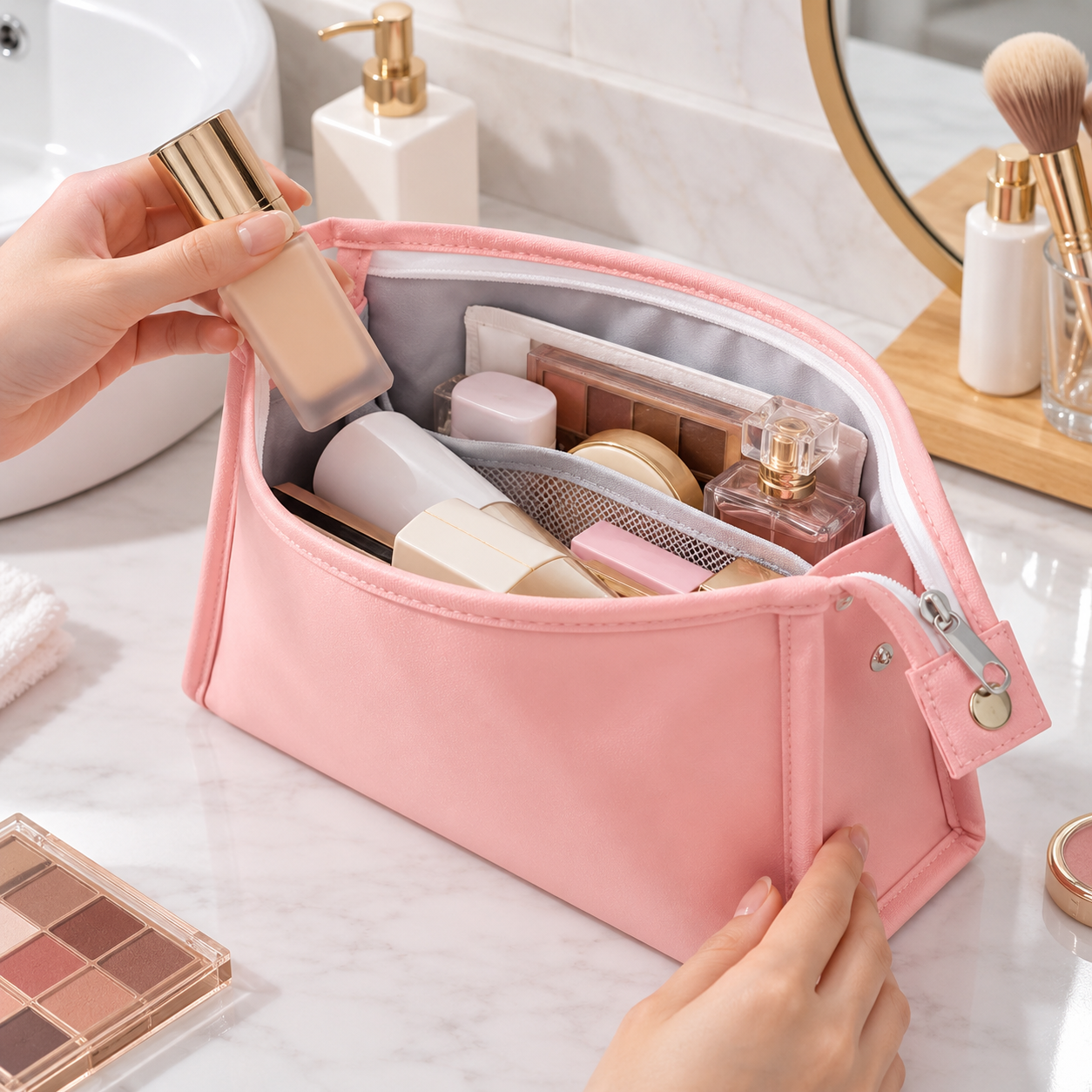 Multi-Compartment Polyester Travel Makeup Bag