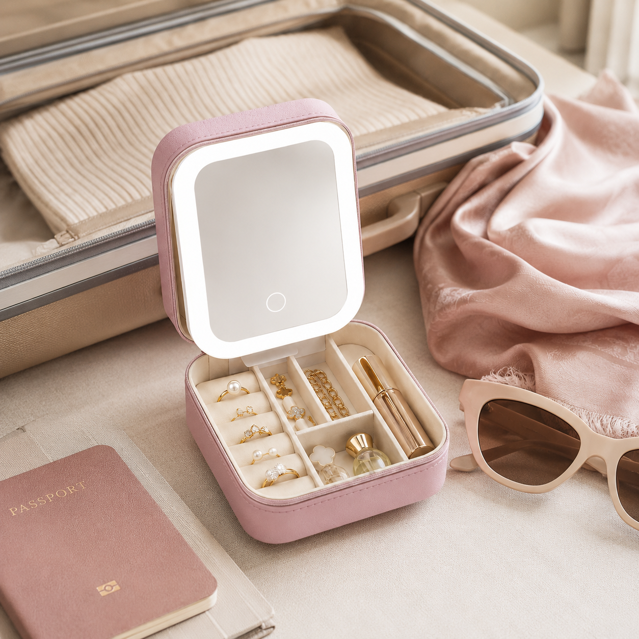 Multifunctional PU Leather Cosmetic Bag With LED Mirror