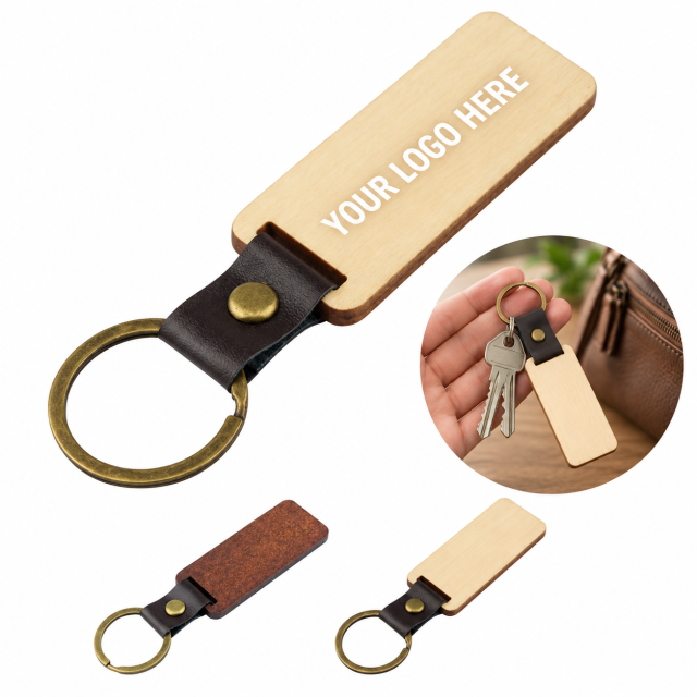 Natural Beech Wood Keychain With Metal Ring