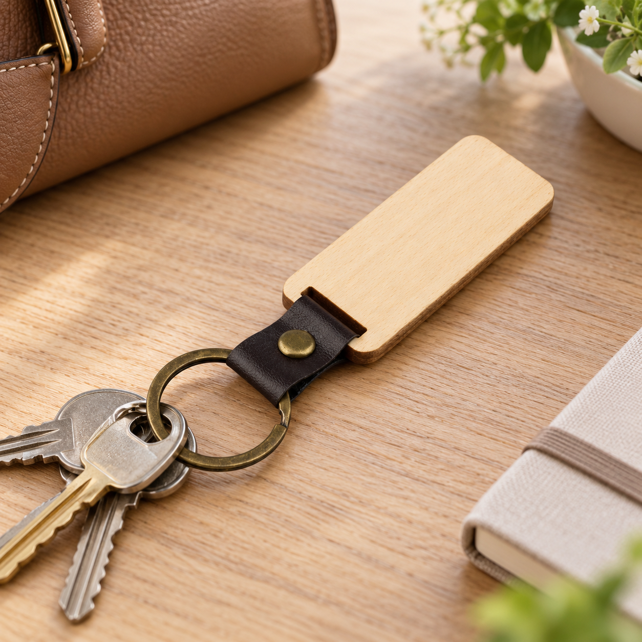 Natural Beech Wood Keychain With Metal Ring