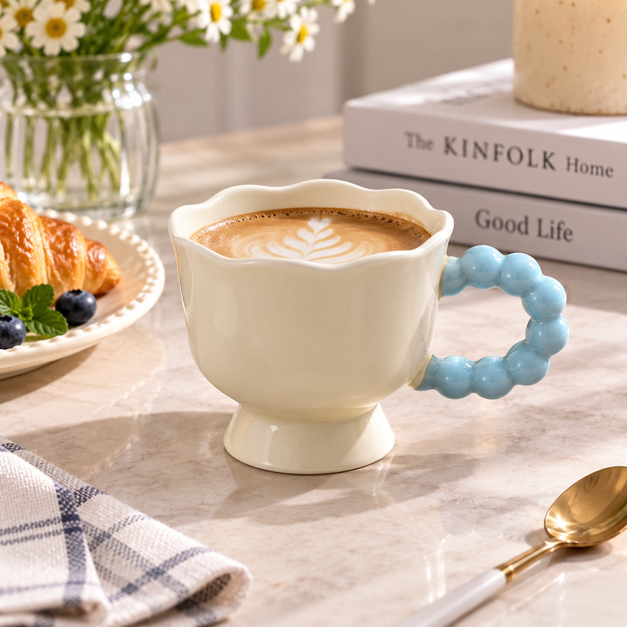 Scalloped Ceramic Mug With Beaded Handle