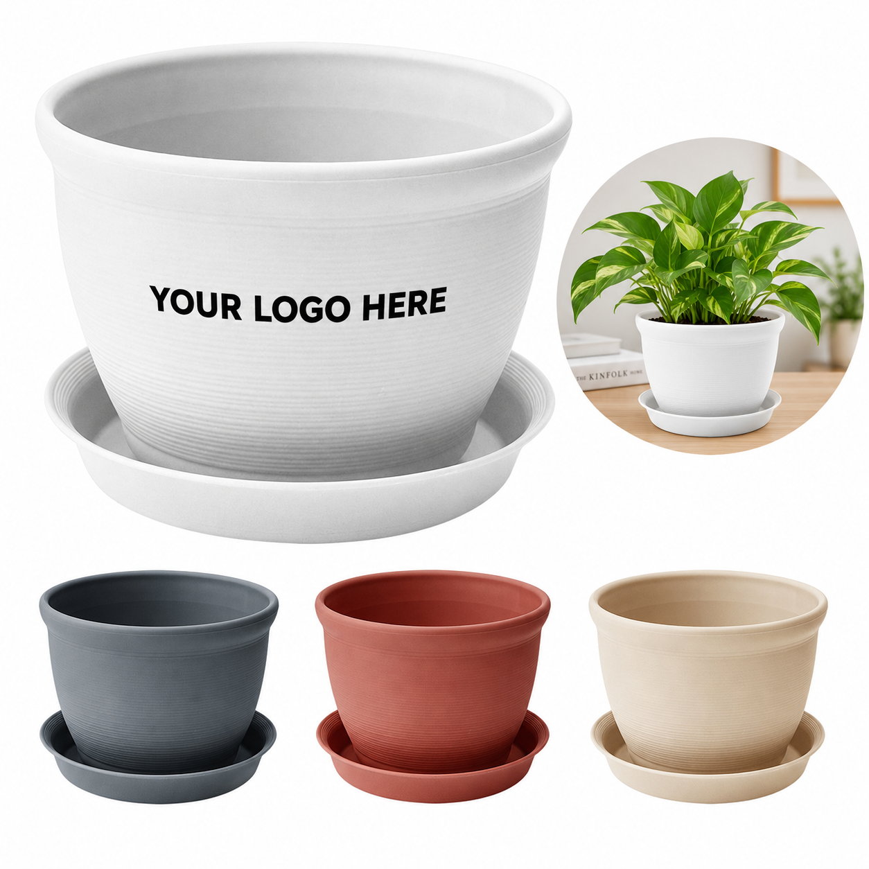 Textured Plastic Planter Pot With Drip Tray