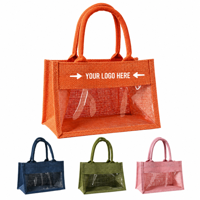 Clear Window Jute Tote Bag With Burlap Body And PVC Panel