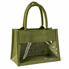Clear Window Jute Tote Bag With Burlap Body And PVC Panel